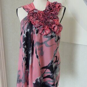 $380 Roberto Rodriguez Pink Black Floral Bias Cut Ruffle Silk Top Blouse SZ 8 M